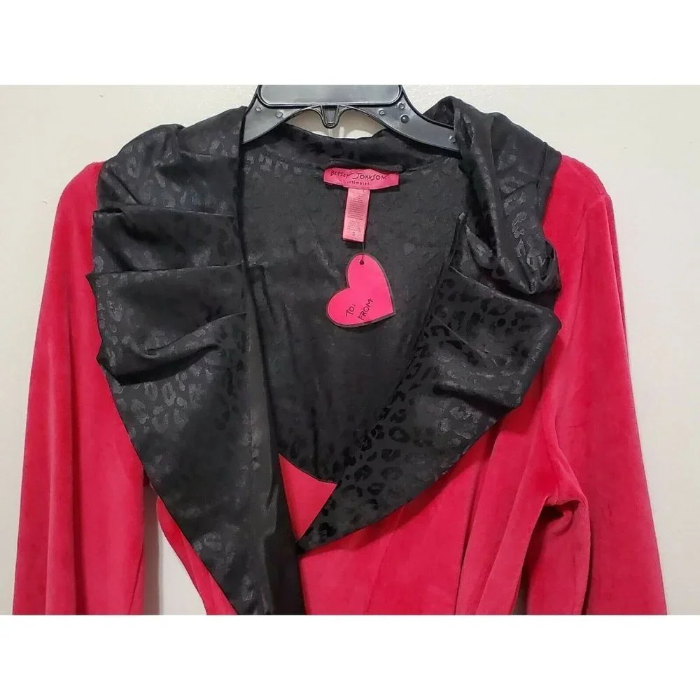 Betsey Johnson Boujie Plush Velour Pink Black Robe - Picture 2 of 12